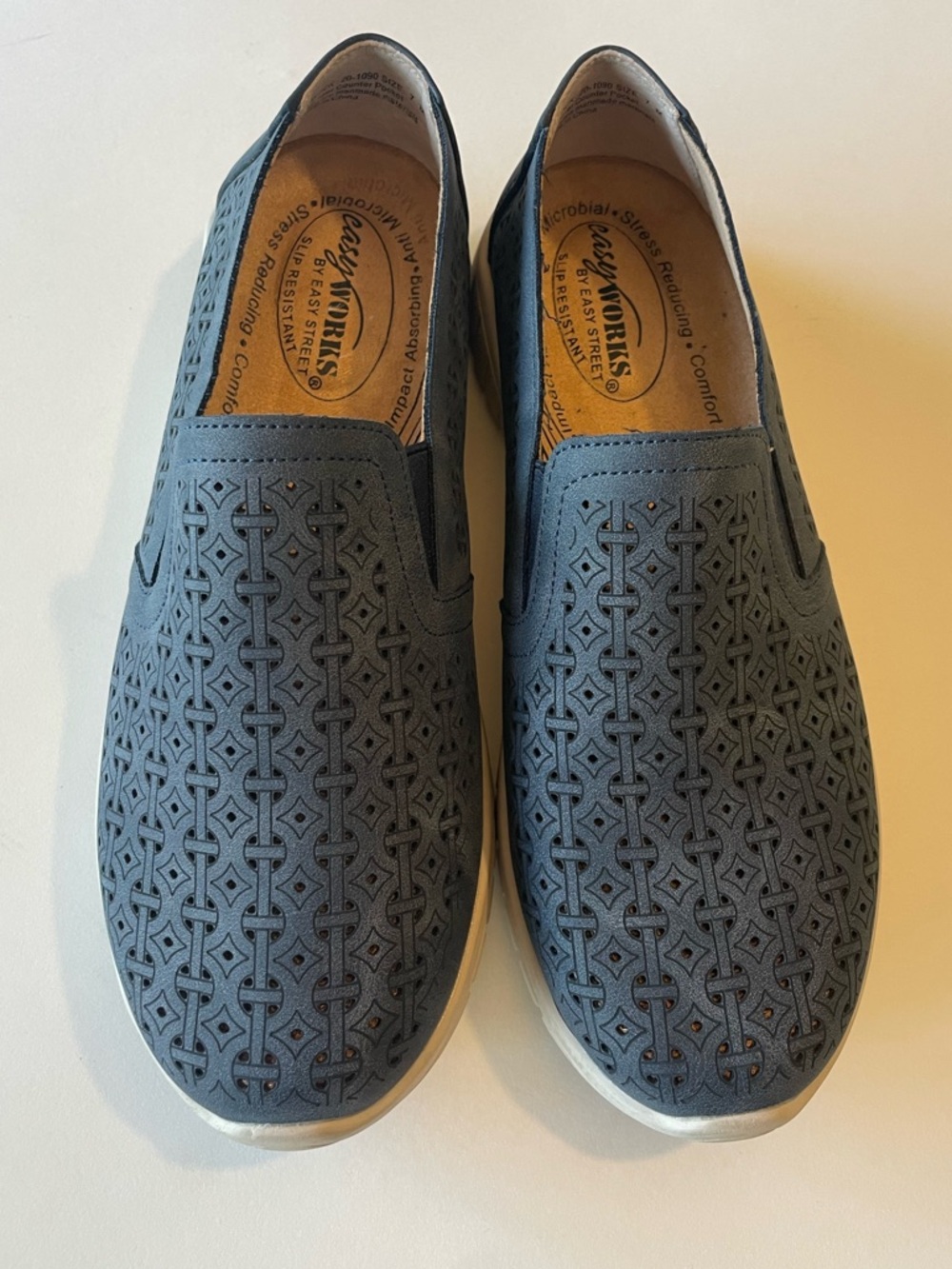 Easy Works by easy street Navy Laser-Cut Slip-On Leather Loafers
